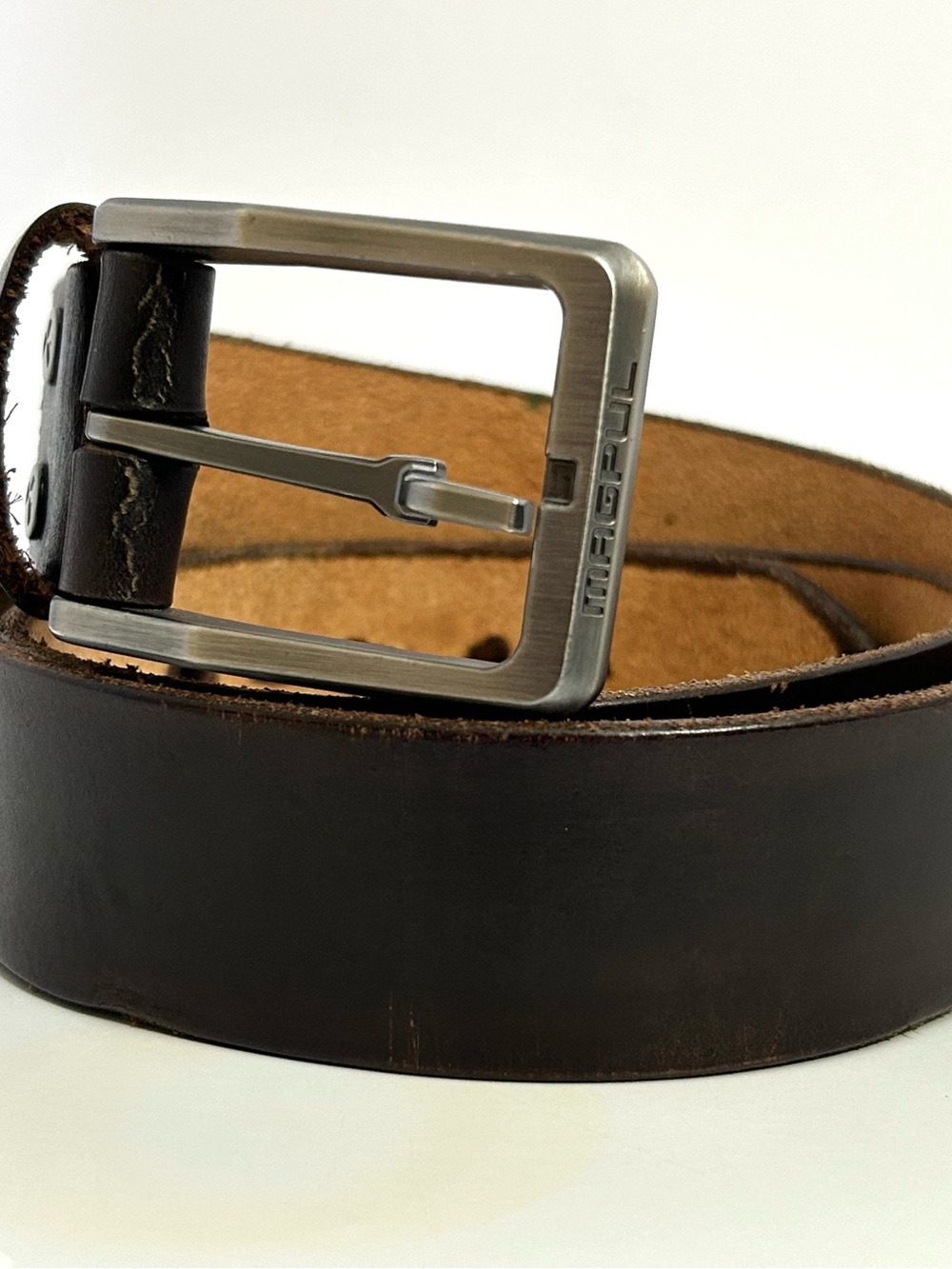 Magpul Men's Dark Brown Leather Belt with Brushed Silver Buckle